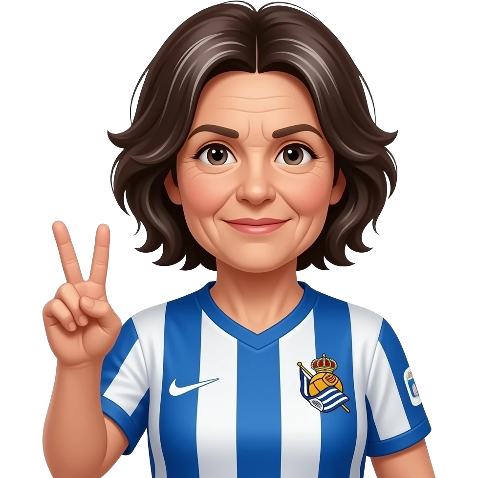 Mujer 50 años, pelo castaño oscuro con ligeras canas difusas y homogéneas (no mechones, no zonas blancas concentradas), corto, raya al centro, algo alborotado. Arrugas leves. Camiseta Real Sociedad. Mano en V. emoji