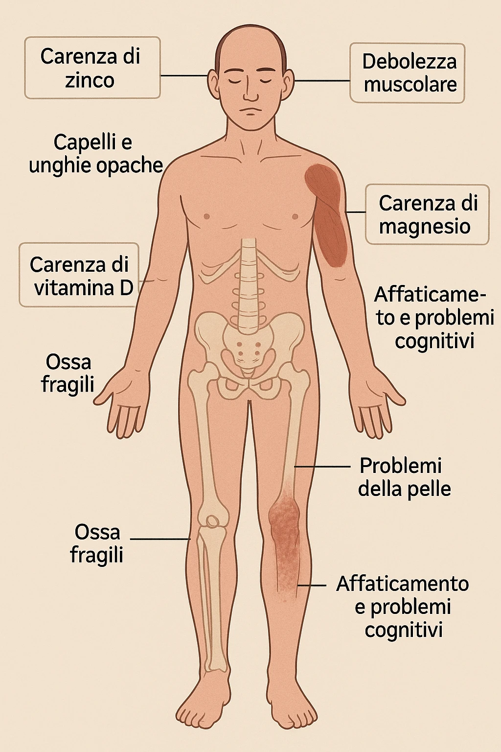 corpo umano in carenza di micronutrienti come zinco, magnesio, vitamina D, folati, in italiano emoji