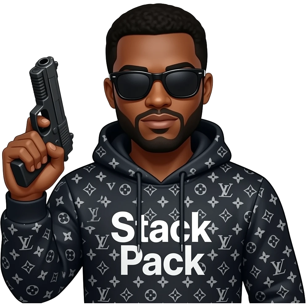 Black guy named Stackpack Louis Vuitton hoodie that says stack pack on it black shades on it with a laser gun emoji