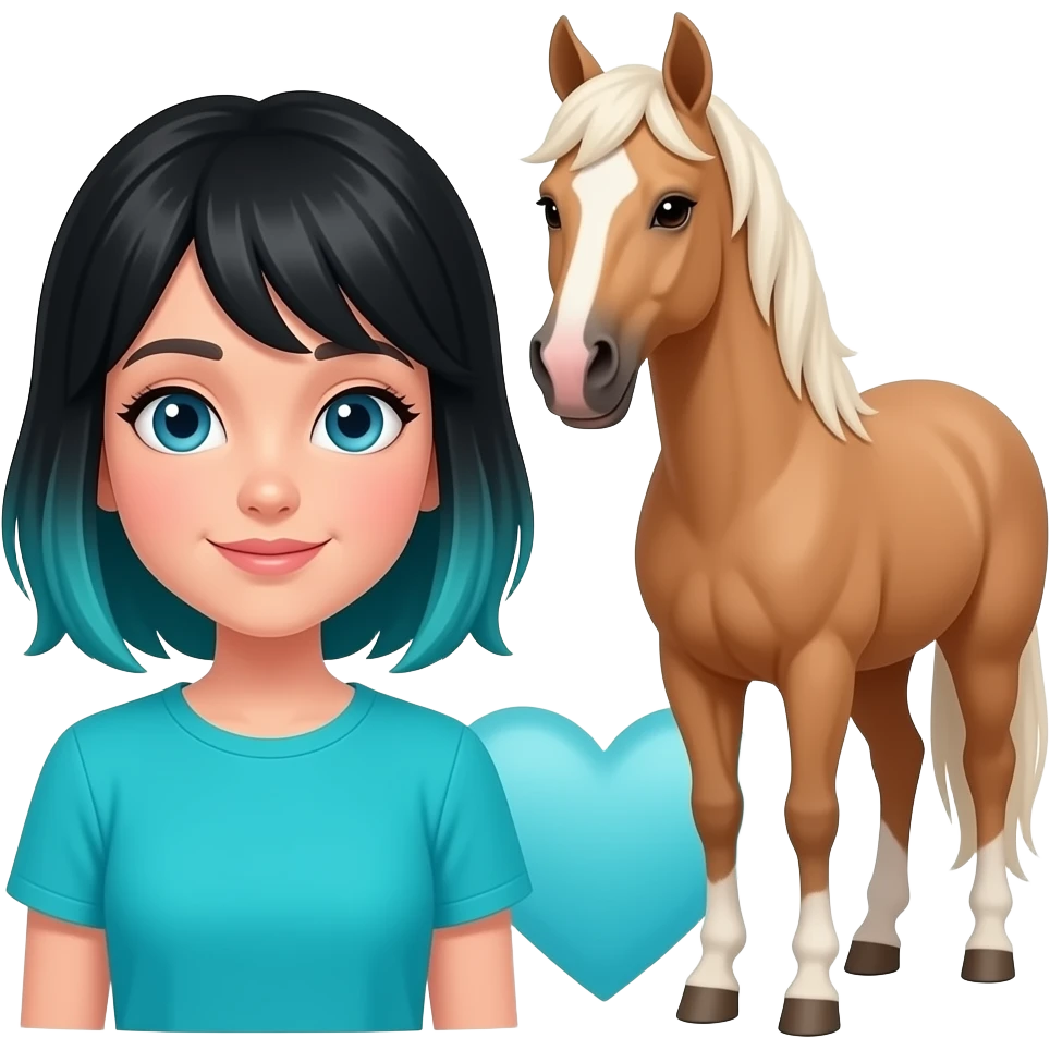 I would like an emoji with a palomino horse facing a girl with blue eyes and longer black and turquoise hair in turquoise shirt with an  turquoise heart in between them.  A palomino horse is a light tan color with blonde hair emoji
