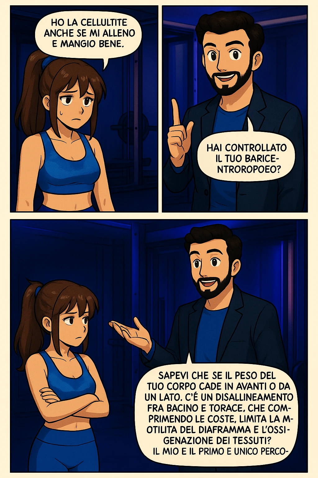 PRENDI SPUNTO DA QUESTO STILE FACENDO UN WEBTOON/MANGA:

LEI (DONNA): Ho la cellulite anche se mi alleno e mangio bene, cosa posso fare?

LUI (UOMO): Hai controllato il tuo baricentro corporeo?
LUI (UOMO): Sapevi che se il peso del tuo corpo cade in avanti o da un lato, c’è un disallineamento fra bacino e torace, che comprimendo le coste, limita la motilità del diaframma e l’ossigenazione dei tessuti?
LUI (UOMO): Il mio è il primo e unico percorso che lavora sugli inestetismi con un lavoro mirato sul baricentro corporeo. emoji