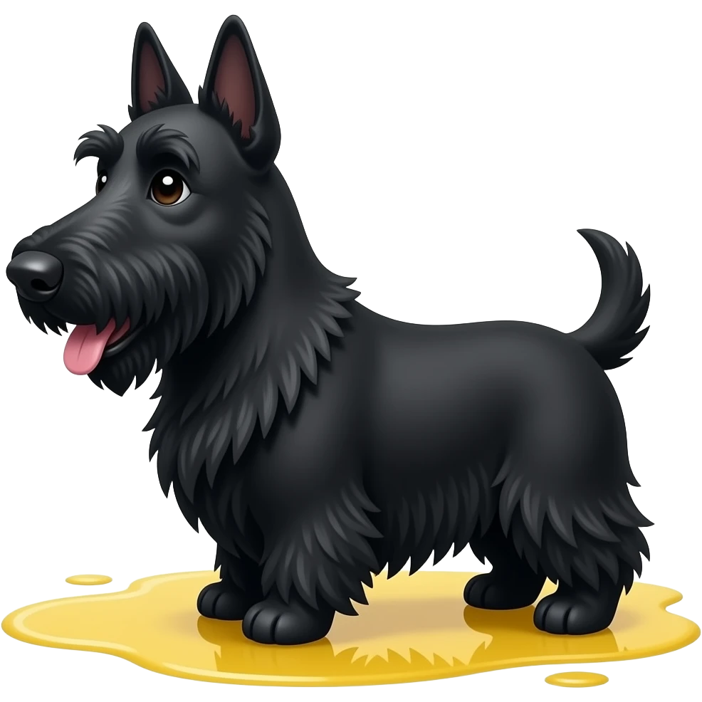 Black Scottie dog smiling in profile full body. Small yellow puddle beneath back legs emoji