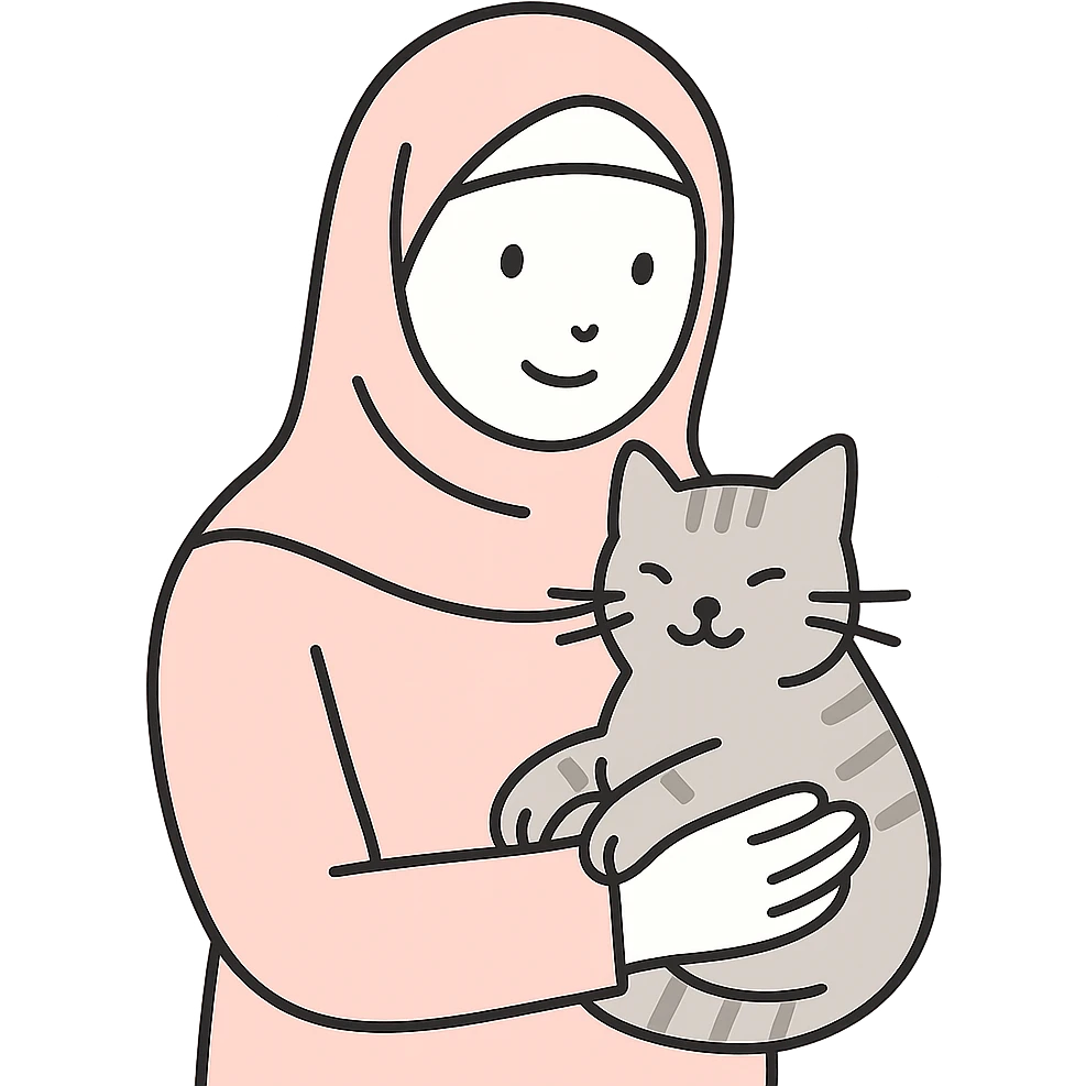 modern plain pashmina hijab woman holding a tabby cat, flat design style, pastel colors emoji