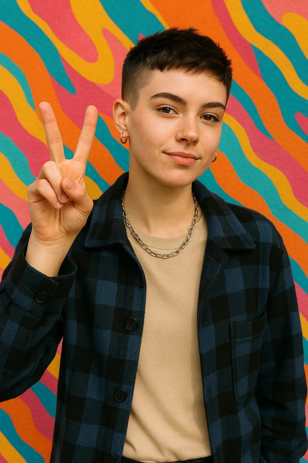 androgynous Gen Z character with short hair, holding up a victory sign emoji