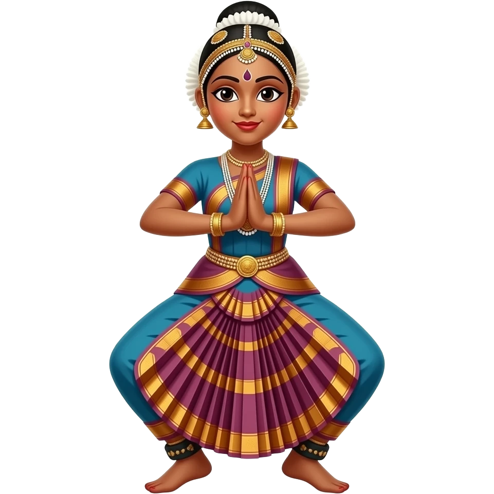 Light brown skin girl in a bharatnataym dress with actual bharatnatayam pose full body in aramundi emoji