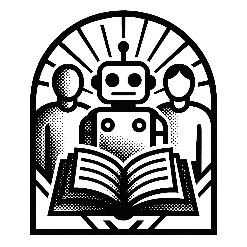 bold, graphic, black-and-white art deco-inspired logo representing community, education, and technology, no text, iconic balanced composition, vintage sci-fi illustration style, human figures, robot, book, radiating lines, geometric framing emoji