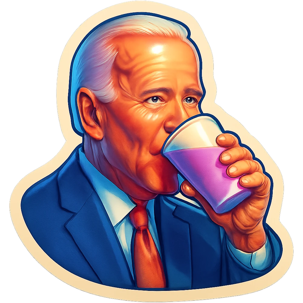 Joe Biden drinking a purple liquid from a white cup emoji