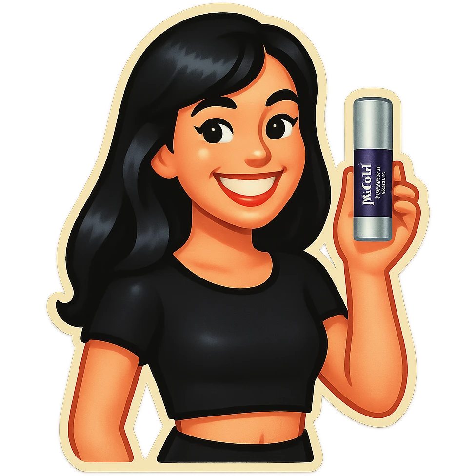 Edit the fair-skinned girl with beautiful black hair, black crop top, and big white smile to hold the exact whitening serum bottle shown in the reference photo. Maintain the same Genmoji emoji style as the original. emoji