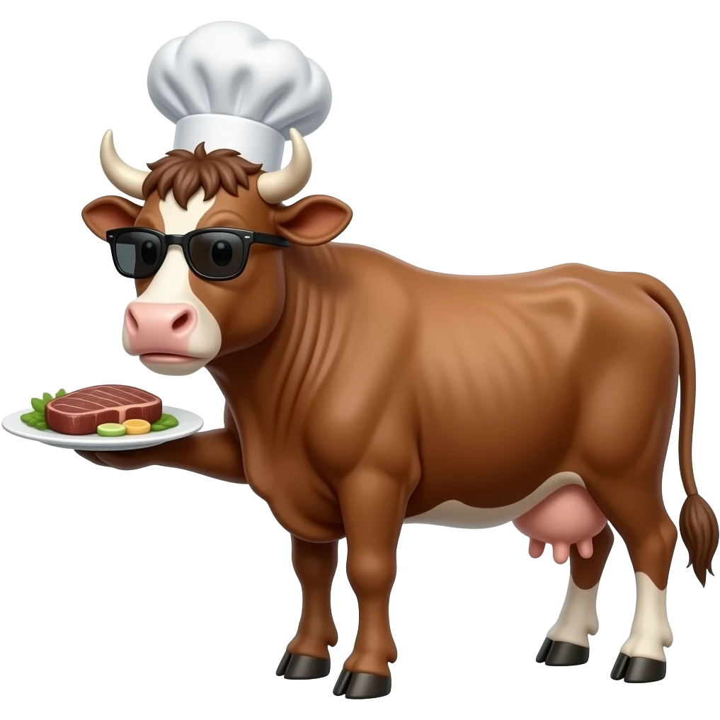 a cool male brown cow with chef hat sunglasses serving you a steak, 3 leg on ground, 1 leg hold the dish emoji