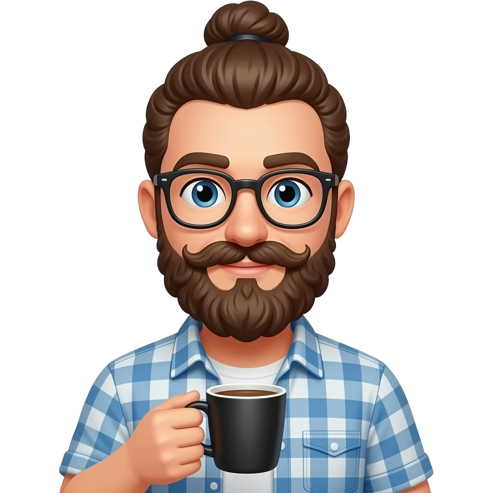 hipster with glasses and curly mustache and a man bun holding black coffee emoji