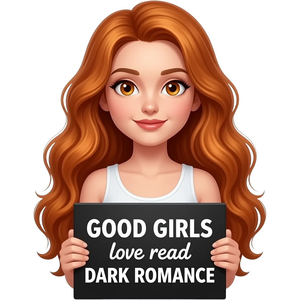 sexy girl with long wavy ginger hair and ginger eyes wearing a white tanktop is holding a black colored sign with GOOD GIRLS love read DARK ROMANCE written on it emoji