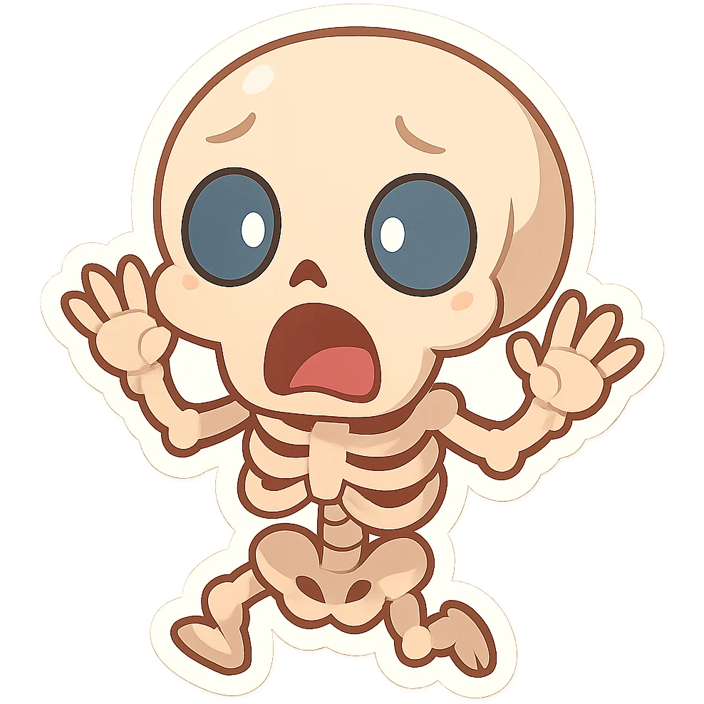 cute skeleton character looking shocked, exaggerated eyes and mouth, hands raised in surprise, playful style emoji