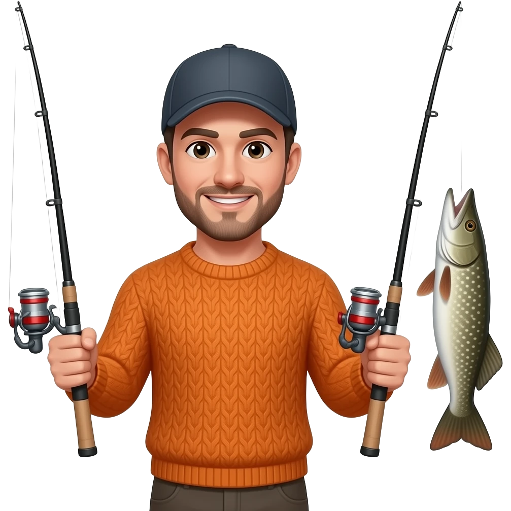 a guy in an orange sweater and a baseball cap holding 2 fishing rods with muskie fish on the end emoji