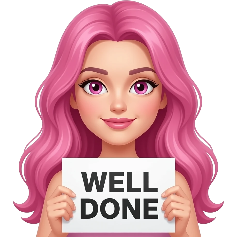 sexy girl with long pink hair and pink eyes wearing a holding a WELL DONE sign emoji