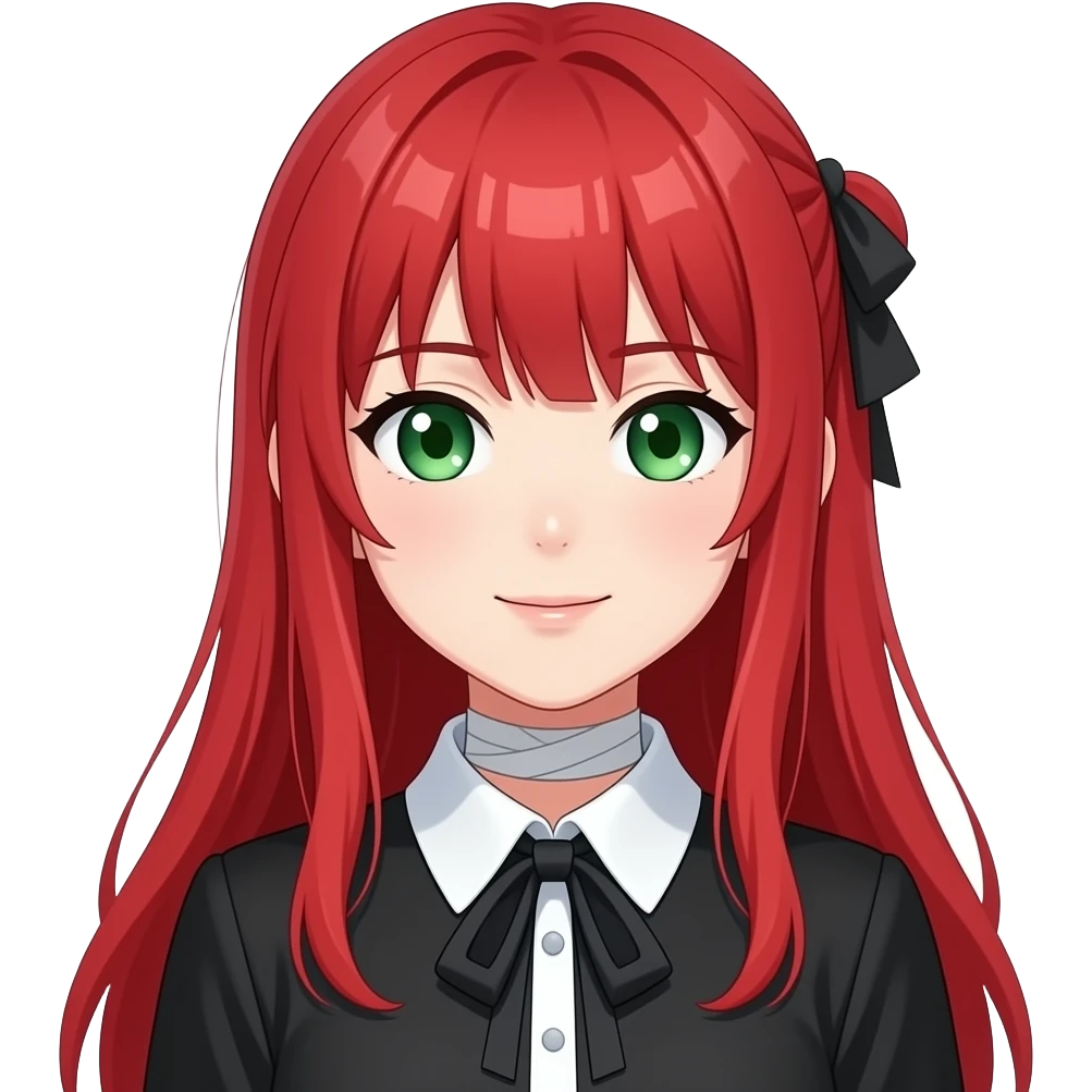 anime girl bandage red hair green eyes black blouse with white collar emoji