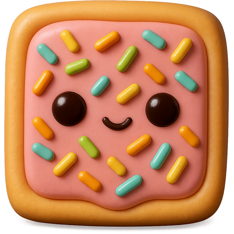 Increase the contrast between the colors even more: make the pink frosting, sprinkles, and crust very bold and saturated, with clear separation between each color. Keep the eyes solid black with white dots and maintain the transparent background. emoji