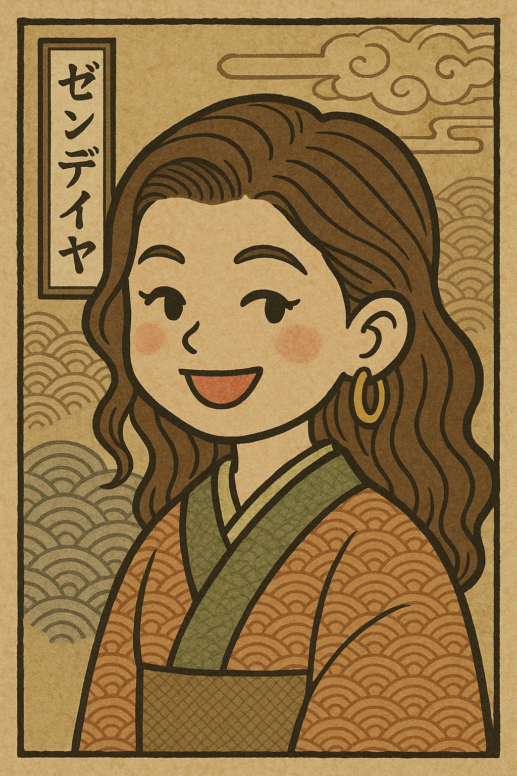 Zendaya's head in Irasutoya style, cheerful, subtle blush, stylized eyes emoji