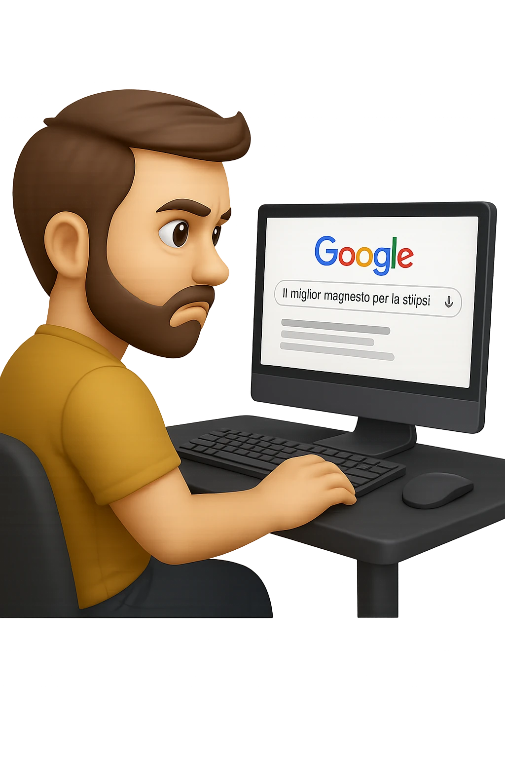 emoji stile iphone di un uomo davanti al pc che cerca di google: "Il miglior magnesio per la stipsi", iperrealistico 4k emoji