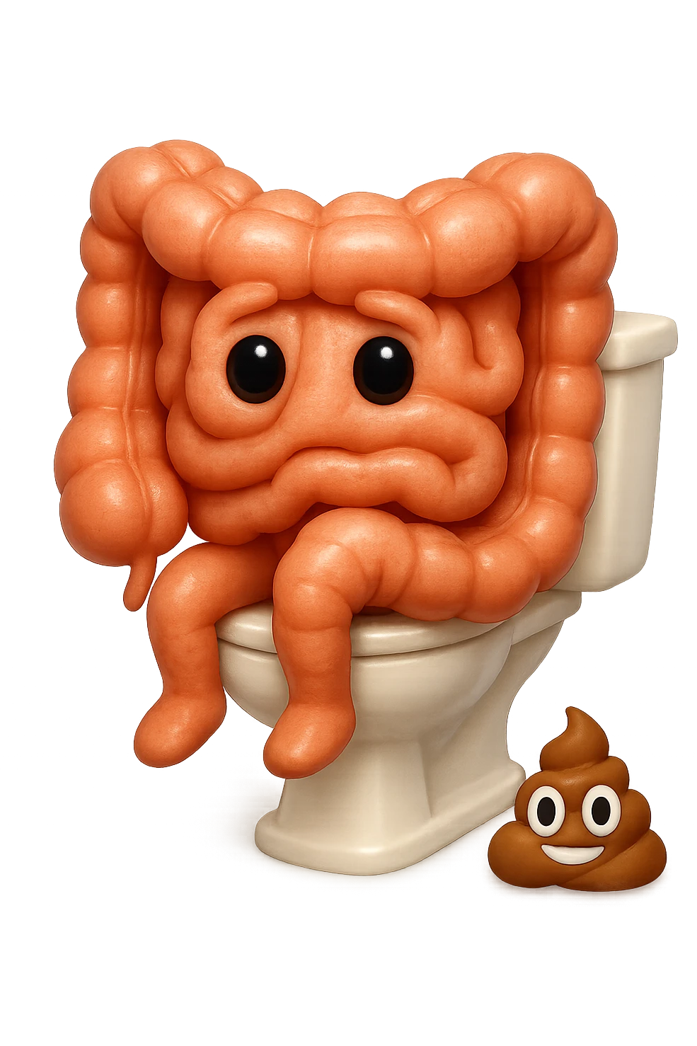 EMOJI STILE IPHONE 3D DI UN INTESTINO CHE sta seduto sul wc e davanti ha una montagnetta di feci a palline stile emoji iphone E FALLO MOLTO REALISTICO IN 3D emoji