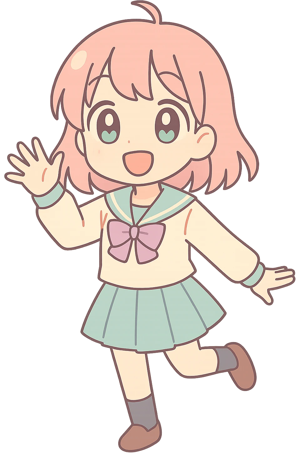 anime girl waving, school uniform, cheerful, dynamic pose emoji
