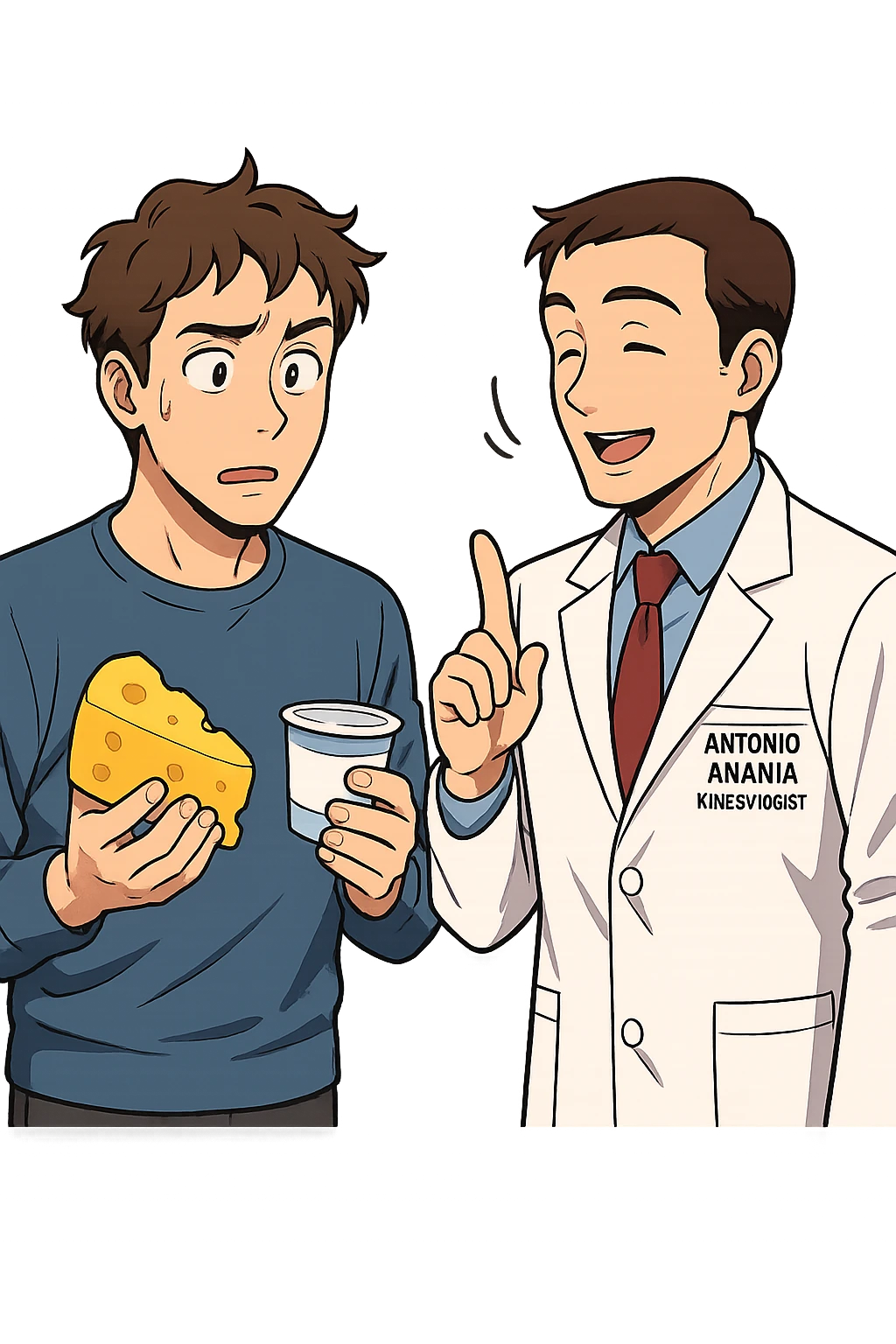 fai un webtoon manga a colori con questo stile, in cui un uomo fa una domanda al kinesiologo con il camice bianco (fagli anche la scritta "ANTONIO ANANIA" SUL CAMICE, l'uomo chiede una cosa mostrando un formaggio e uno yogurt al kinesiologo con il camice, IL KINESIOLOGO annuisce e SPIEGA ALL'UOMO UNA cos. L'UOMO ha un ESPRESSIONE CONFUSA IN VOLTO. non fare i fumetti però, fai solo in modo che sembri stiano parlando emoji