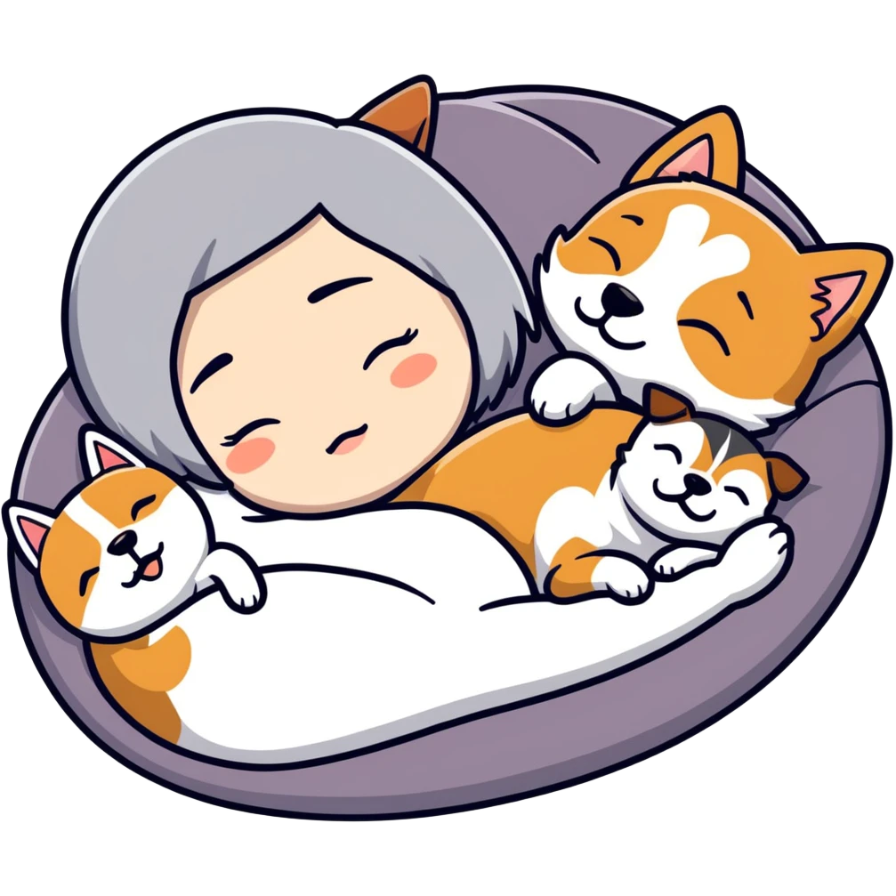 Create a short hair gray hair girl sleeping cuddling with a shiba and a Yorkshire terrier and a jack Russel terrier  emoji