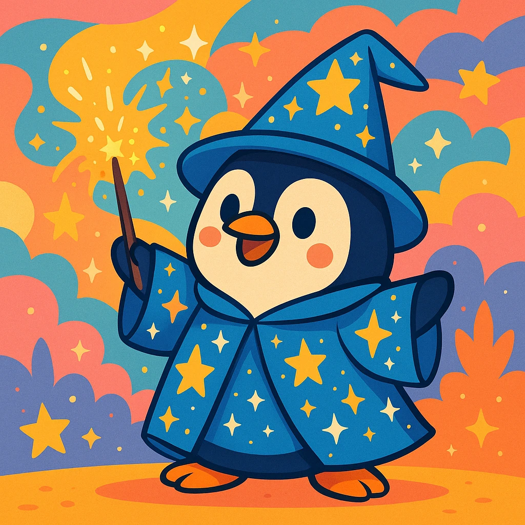 a penguin wizard casting a spell, with sparkles and a starry robe, in a cute cartoon style emoji