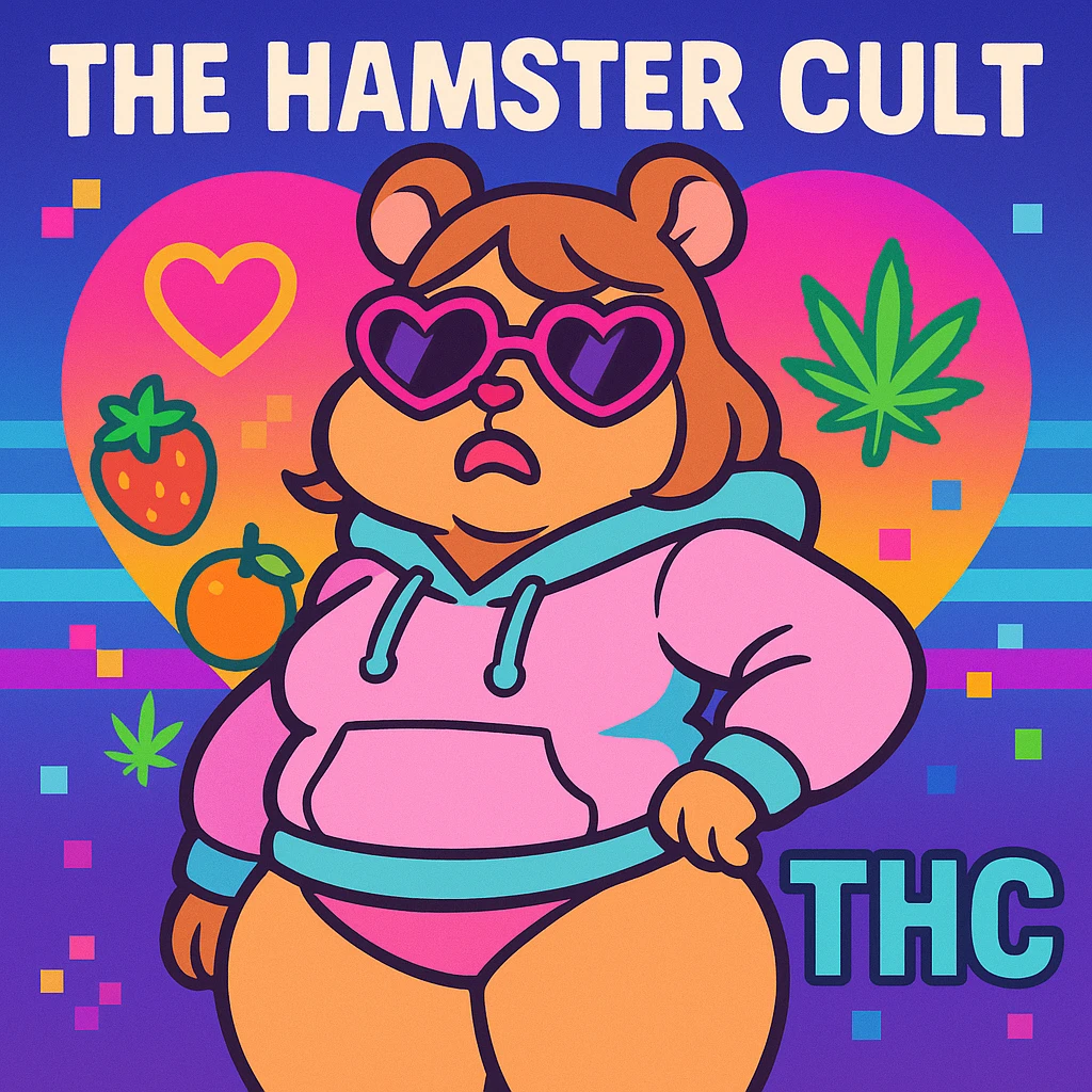 Vibrant, square Discord server icon for 'The Hamster Cult (THC)'. Central character: thick tan anthro cute hamster girl with big thighs, chubby tummy, pouty lips, and a bratty attitude, wearing a pastel hoodie and heart-shaped sunglasses. Colorful, vaporwave-inspired background with neon hearts, fruitger aero and webcore pixel details, weed leaf, subtle 'THC' logo. Minimal or no snacks. Playful, bratty, chaotic but polished, perfect for a Discord icon. emoji