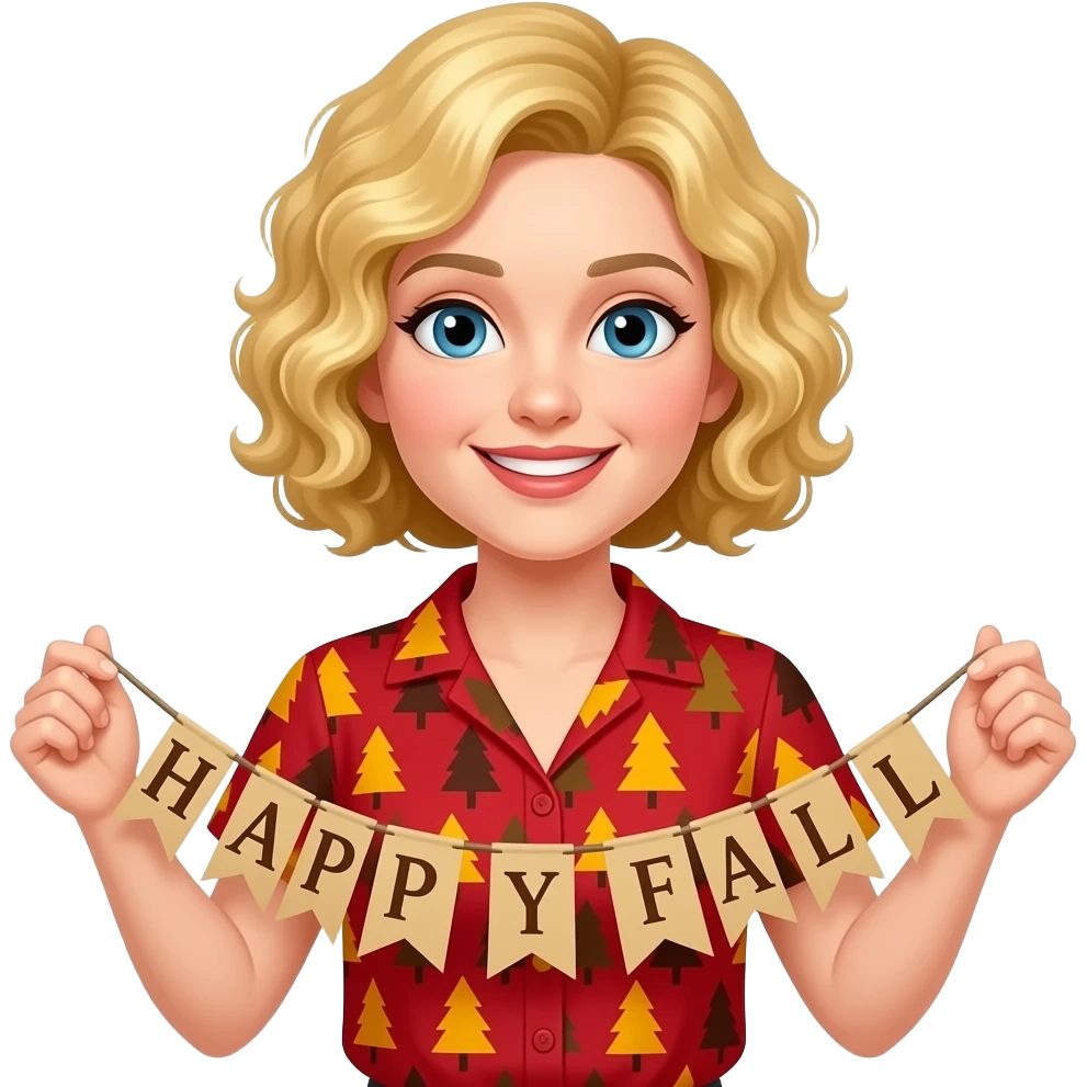 blonde tight curly hair in a short bob Happy Fall banner in a short sleeve red blouse with red, yellow, and brown trees emoji