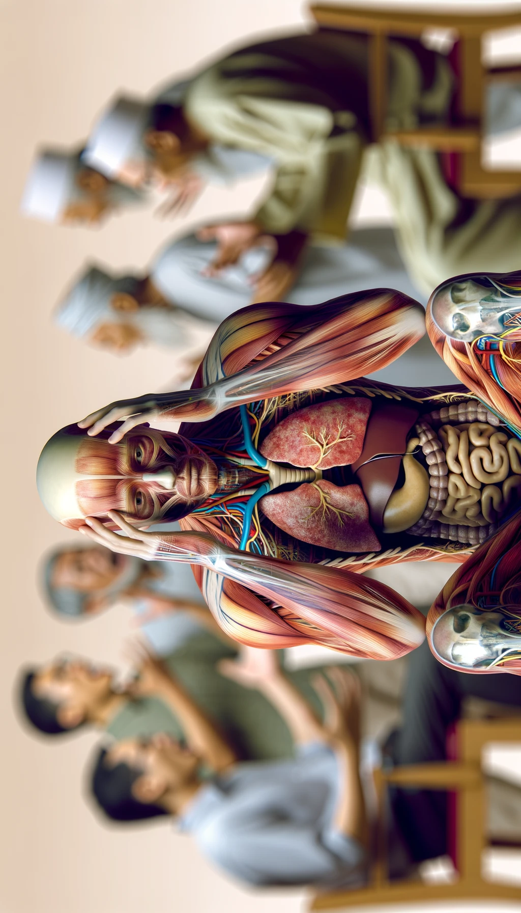 CORPO UMANO ANATOMICO SEDUTO a casa sua con intestinoa anatomico visibile CON PERSONE SFOCATE SULLO SFONDO CHE GLI PARLANO contro E LO ASSILLANO, LUI SI TIENE LE MANI SULLA TESTA ED è MOLTO STANCO E STRESSATO: non riesce ad ascoltare tutti quelli che gli stanno parlando, sfondo sul beige chiaro, IPERREALISTICO 4K emoji
