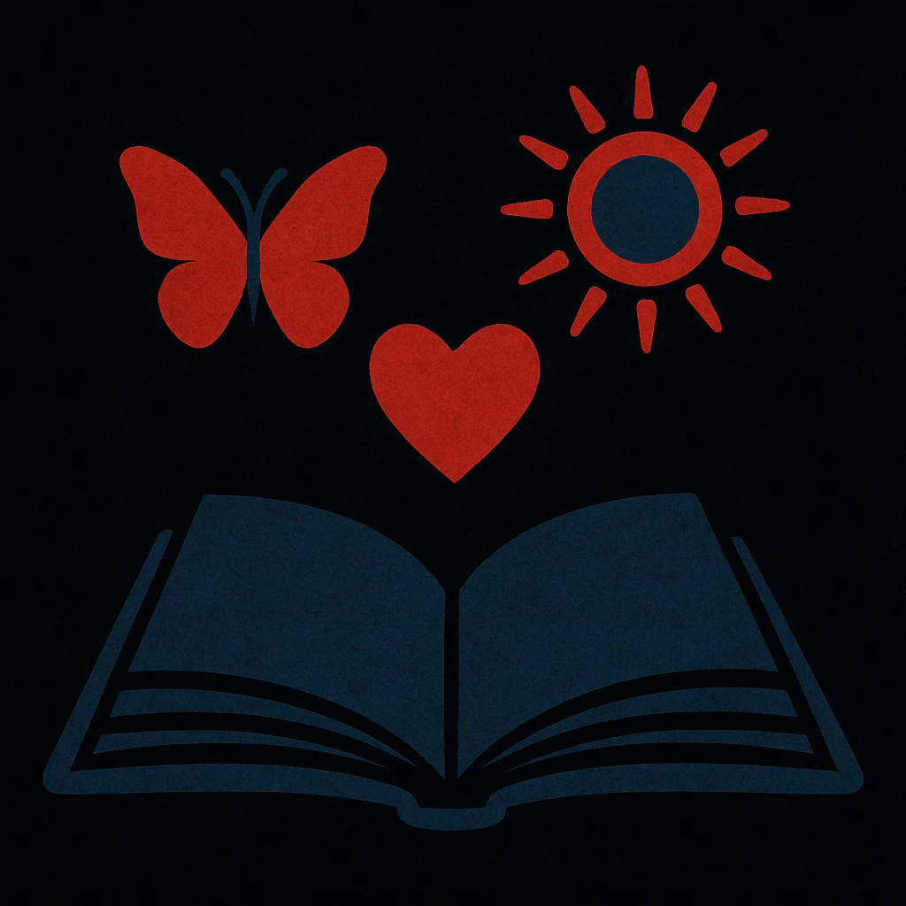 open book with butterfly, heart, and sun in red and dark blue floating above it, black background, dark motivational style emoji