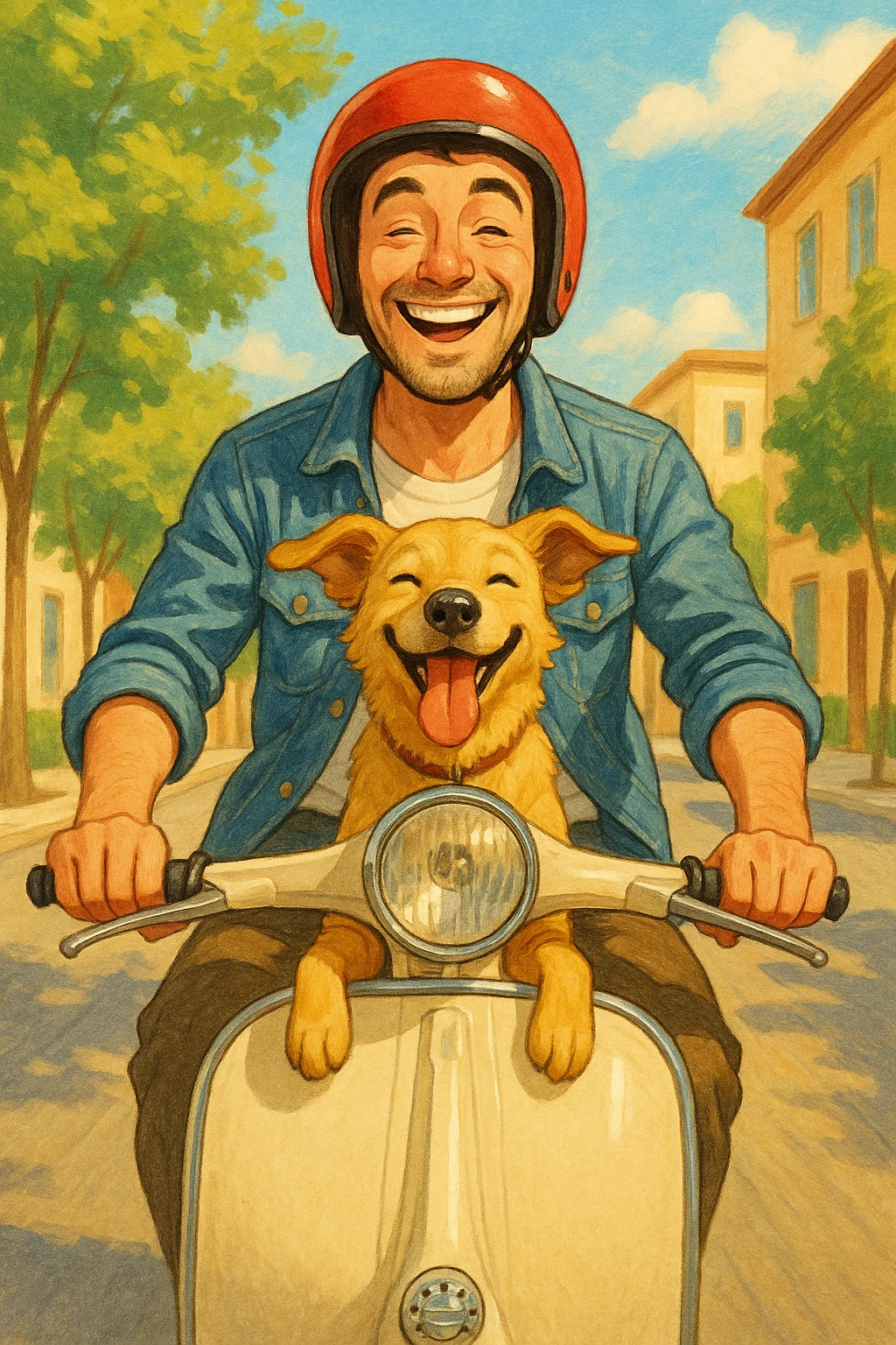 man and his pet dog riding a vespa emoji