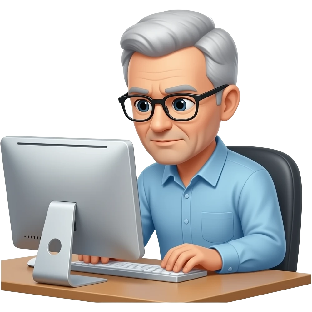 A 65-year-old man who is always thinking and working on the computer, wearing glasses, with very short hair emoji