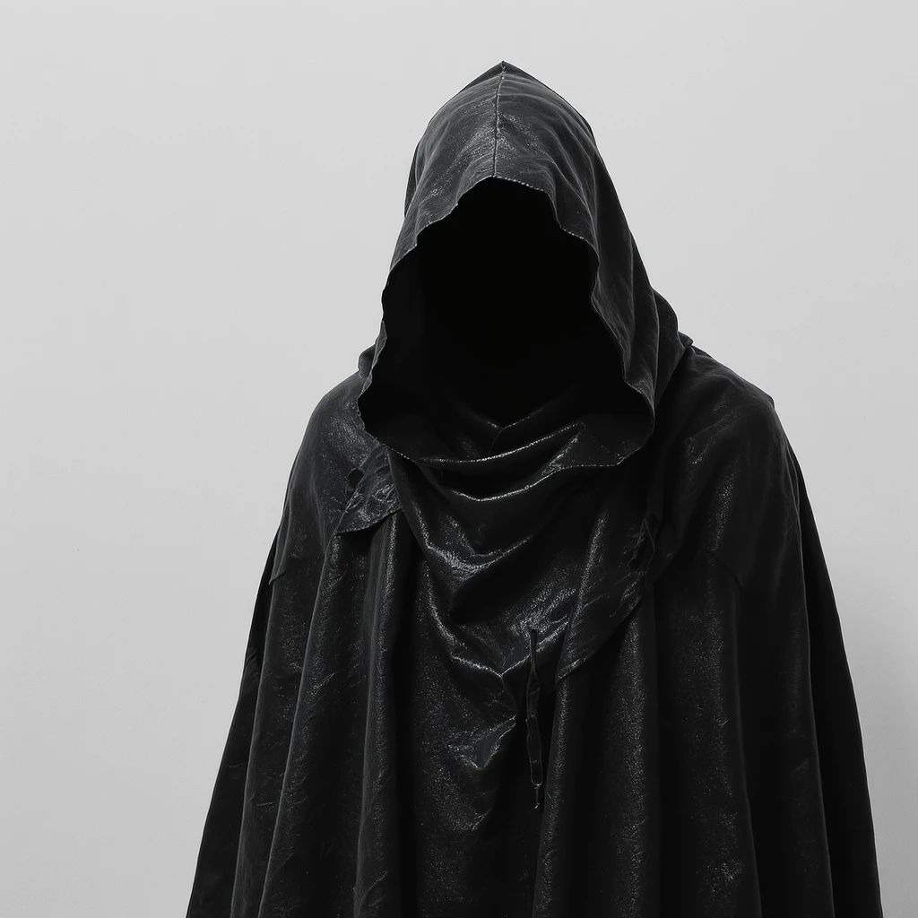 spooky floating metal mantle S'pht compiler in cloak form inspired by Marathon 1, dramatic black and white, high-contrast lighting, haunting ethereal presence, mysterious spectral figure, metallic textures, flowing cloak shapes emoji