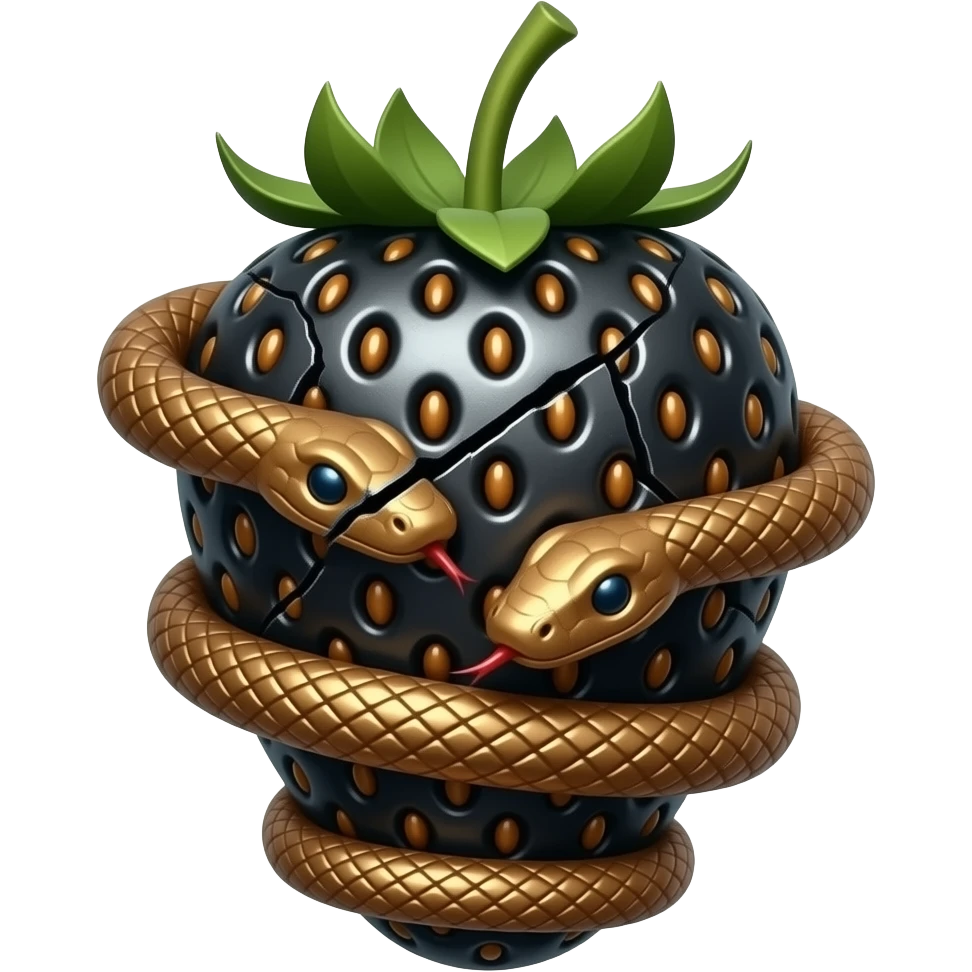 steampunk - rusty broken mechanical steel black strawberry, wrapped in bronze snakes emoji