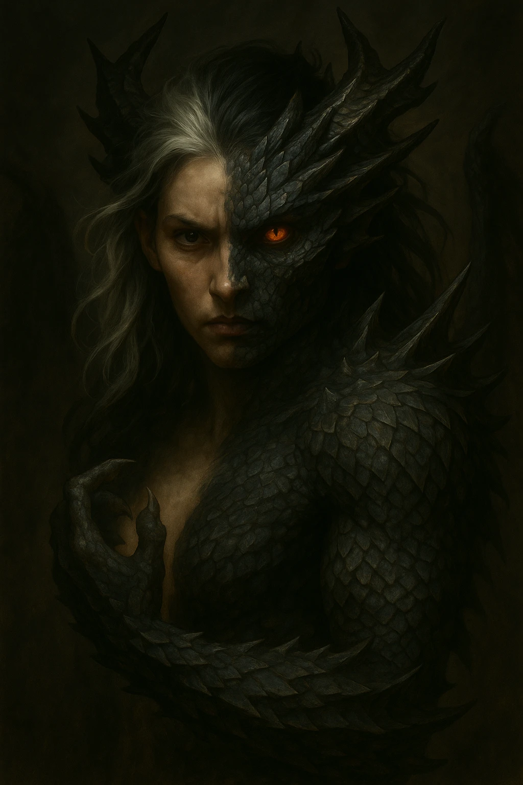 Make the character a girl, keep half human half dragon, with silver and black hair, and a fierce expression. Highlight the intensity and strength in the character's expression and hybrid features. emoji