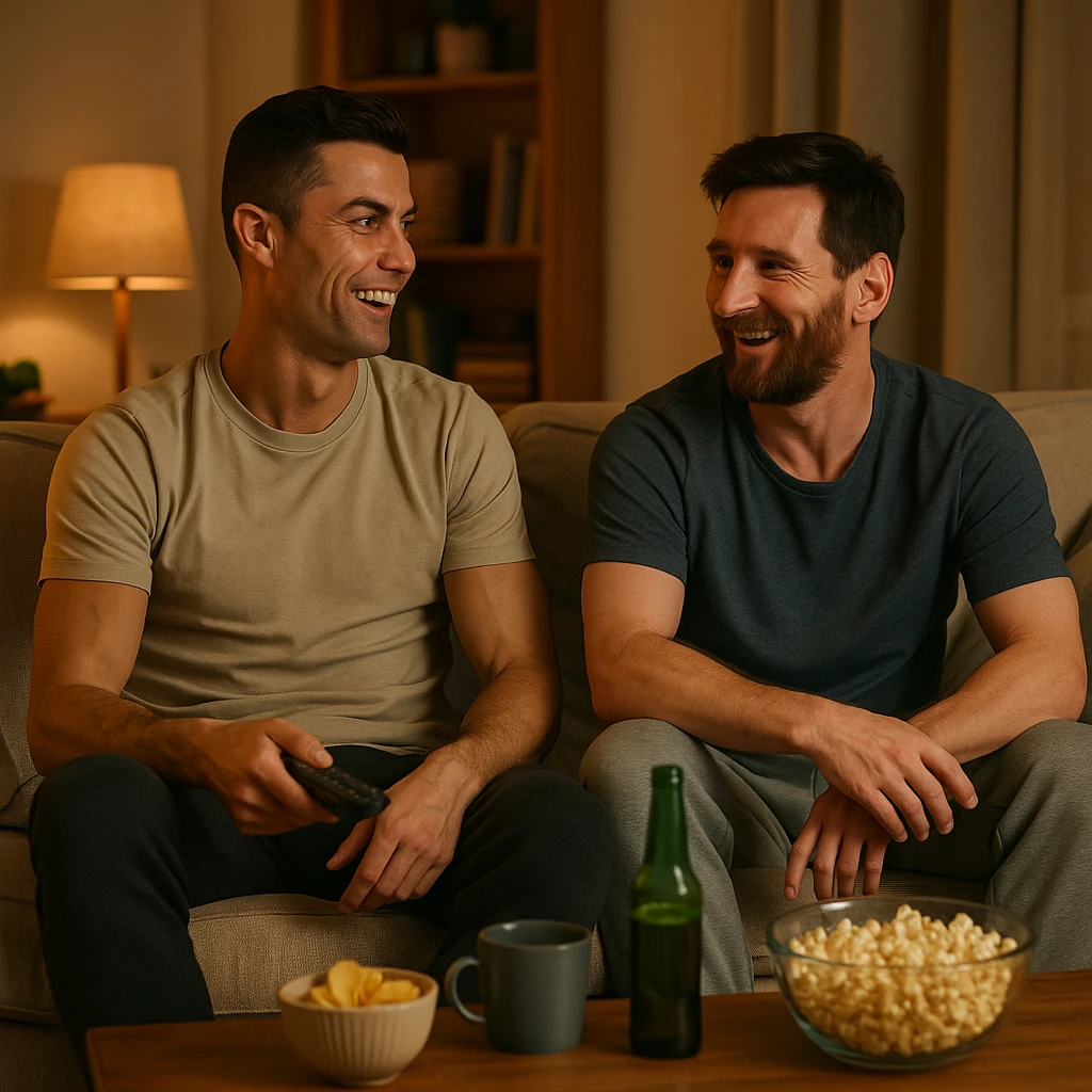 Ronaldo and Messi at home, watching television and chatting in a relaxed and intimate environment emoji