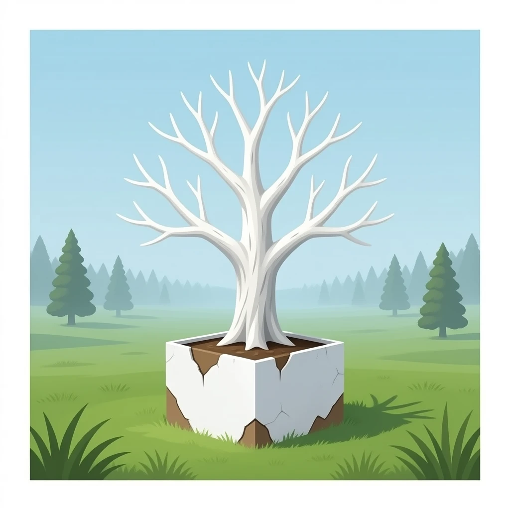 cinematic - white bare old tree grows from a dilapidated white box emoji