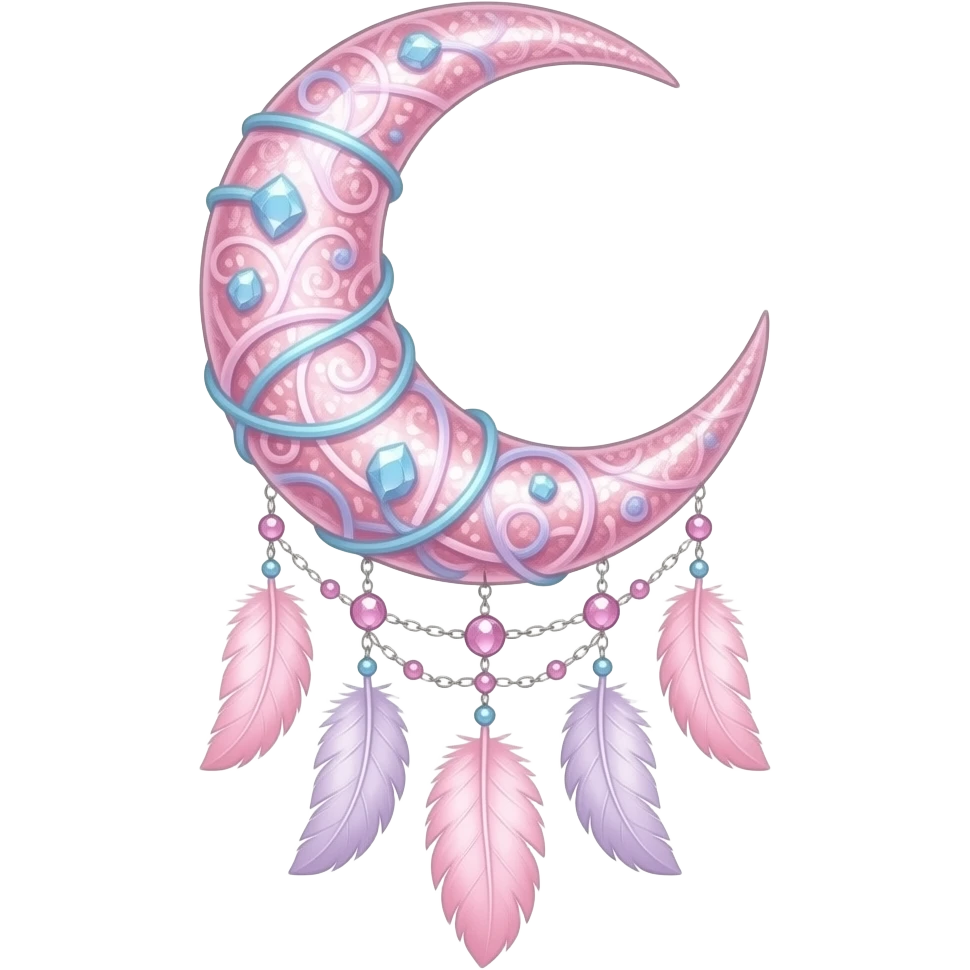 Rosy shiny glossy sparkly romantic pastel crescent damask moon with rose quartz pastel vines pastel gems pastel beads with feathers and chains suncatcher-dreamcatcher emoji