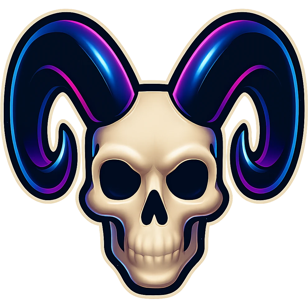 Edit the human skull emoji art style from the reference image to have horns that are twice as big as before. The horns should be very large, dramatic, and glossy black, matching the retro stickers style with a transparent background. emoji