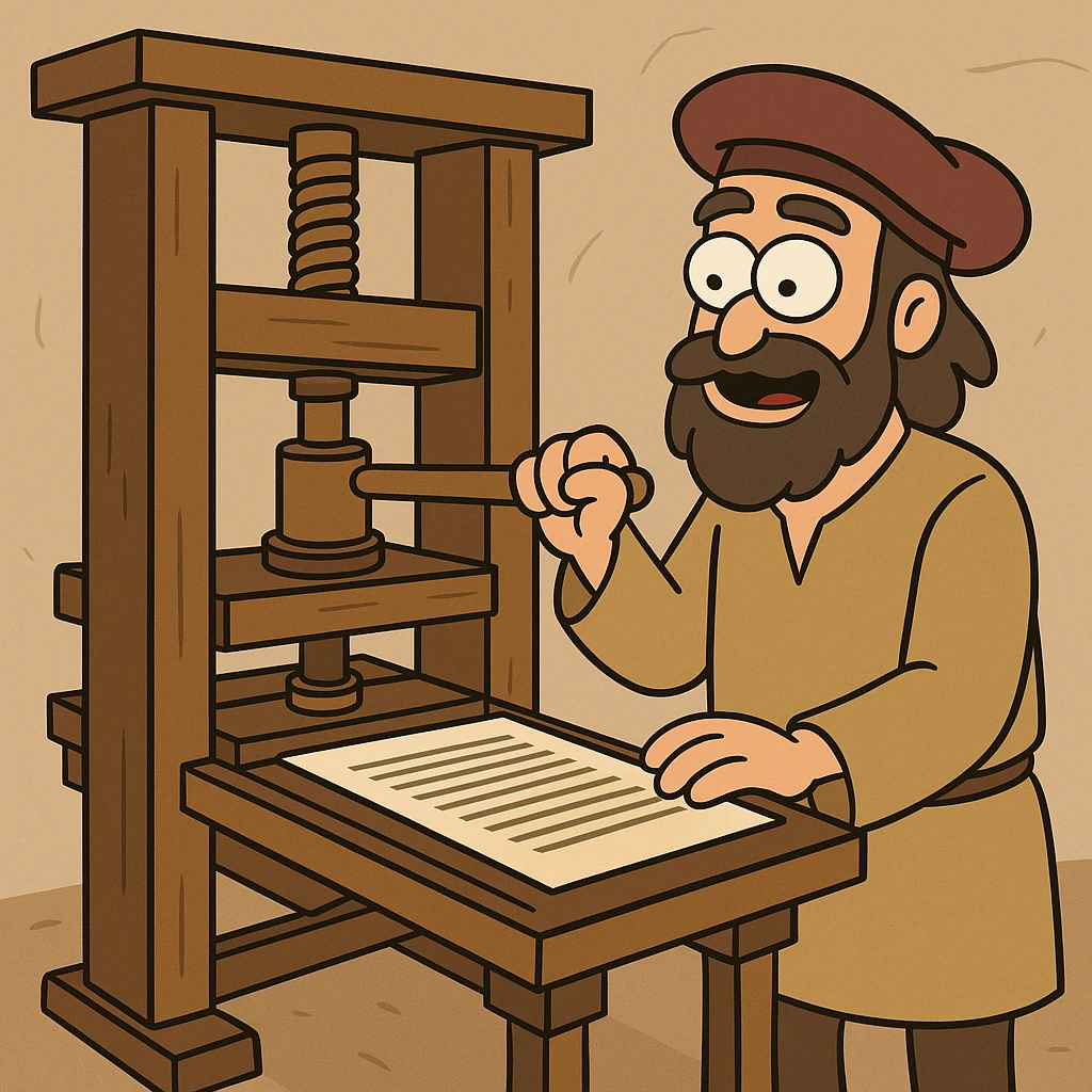 Gutenberg's printing press, simplified cartoon style, brown and gold colors, no text emoji