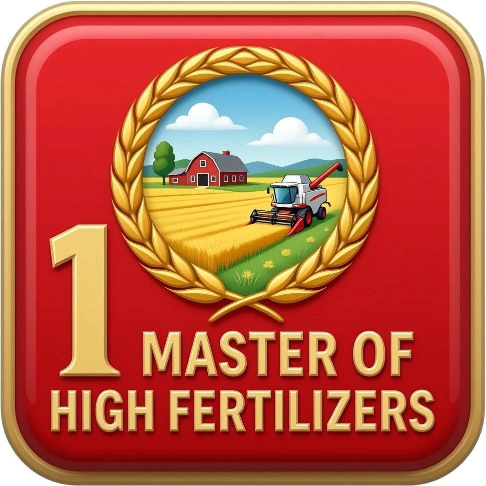 Top rectangular red enamel bar, central golden wheat. Gold ring: landscape with fields, barn, and detailed combine harvester. Foreground dominated by large red enamel framed golden '1' and dominant large Russian text: 'МАСТЕР ВЫСОКИХ НАДОЕВ'. emoji