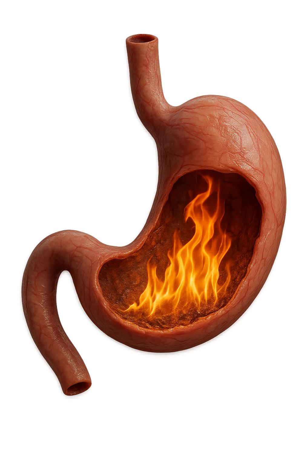 stomaco umano anatomico  con fiamma che brucia all'interno, iperrealistico 4k emoji
