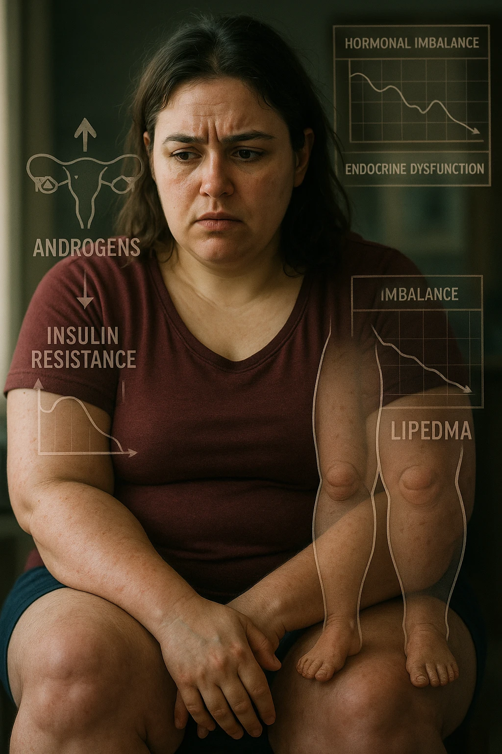 cinematic realistic in italiano Woman with PCOS struggling with hormonal chaos, transparent overlay showing elevated androgens and insulin resistance affecting her body, lipedema causing disproportionate fat accumulation in legs and arms despite normal torso, expression of frustration with unexplained weight gain, medical charts showing complex endocrine dysfunction, painful swollen limbs contrasting with metabolic confusion in italiano emoji
