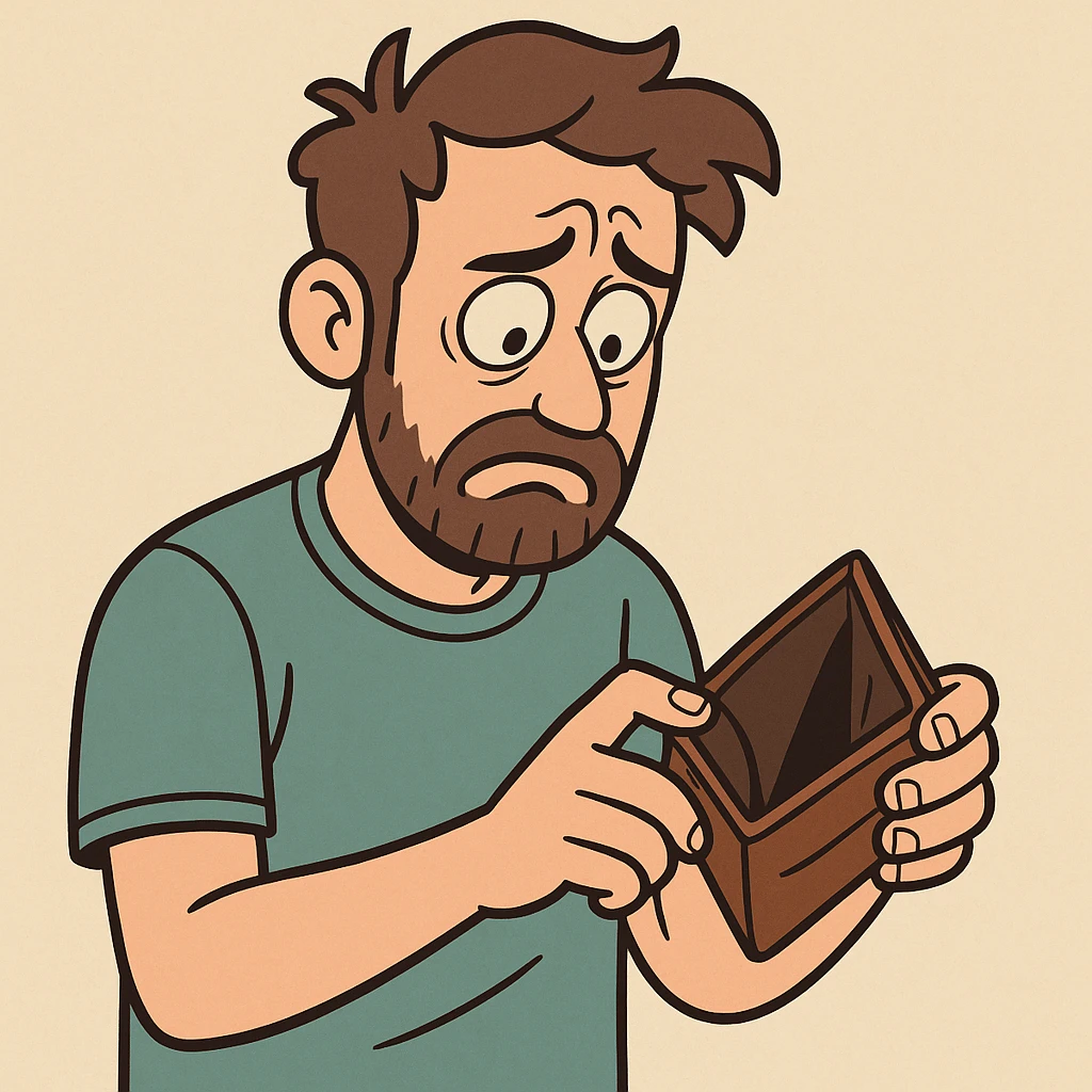 a man with a worried expression looking at an empty wallet, flat toon style emoji