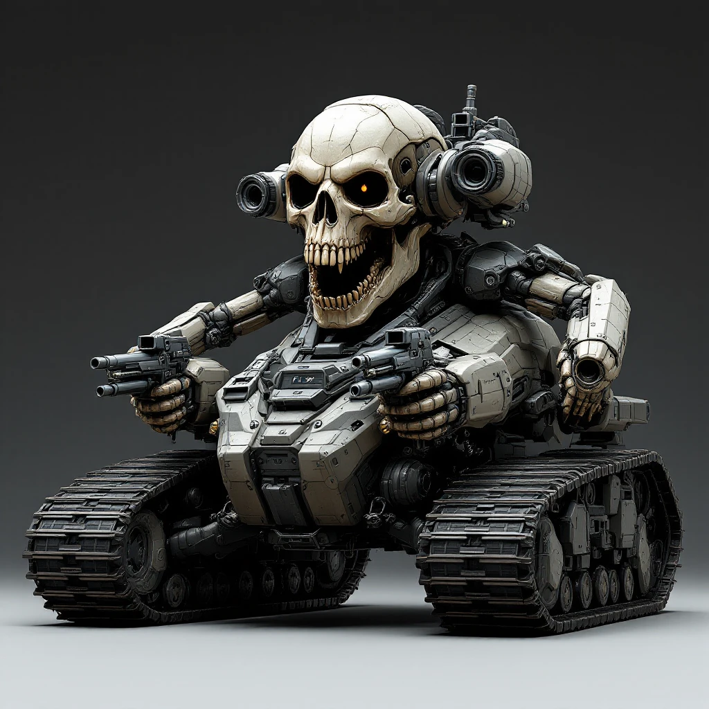 Sci-fi skull tank with humanoid upper body, four arms at the shoulders, each arm holding a gun. The head is out in front, mounted at the back of a bulky tank chassis with realistic treads, aggressive forward-leaning pose, in Flux Pro style. emoji