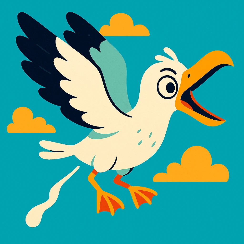 a seagull flying while pooping, vibrant colors, cartoon style, dynamic pose emoji