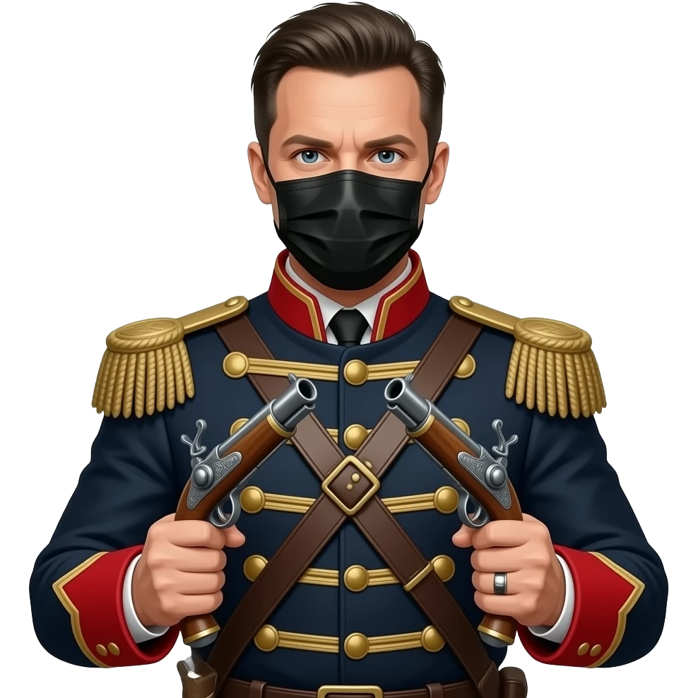 realistic cinematic Adam Ant  with black mask is wearing a Hungarian Hussar'S JACKET, holds two firelocks holsters in his hands emoji