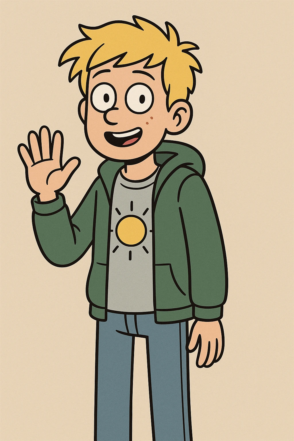 A boy yellow hair grey t-shirt yellow sun green hoodie lights blue jeans a hand hello  emoji