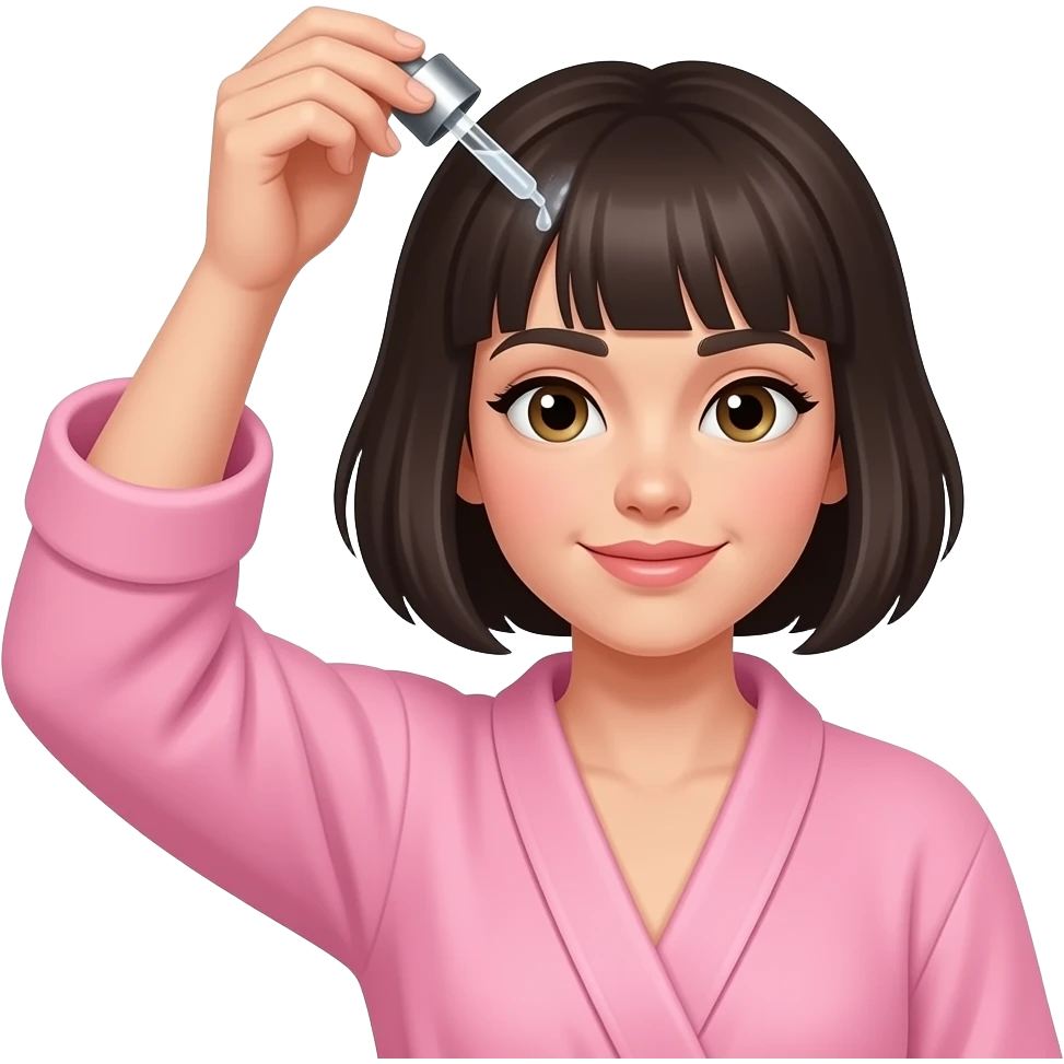 White girl taking care of her black short hair by giving herself a hair tonic massage with a dropper, wearing a pink robe, iPhone emoji style emoji